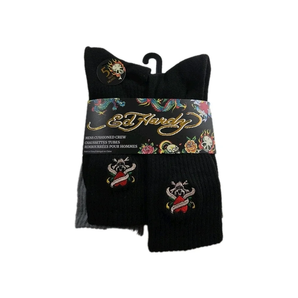 Ed Hardy Mens 5 Pairs Pack  Cushioned Crew Black Gray Green  Socks Shoe 6-12 New